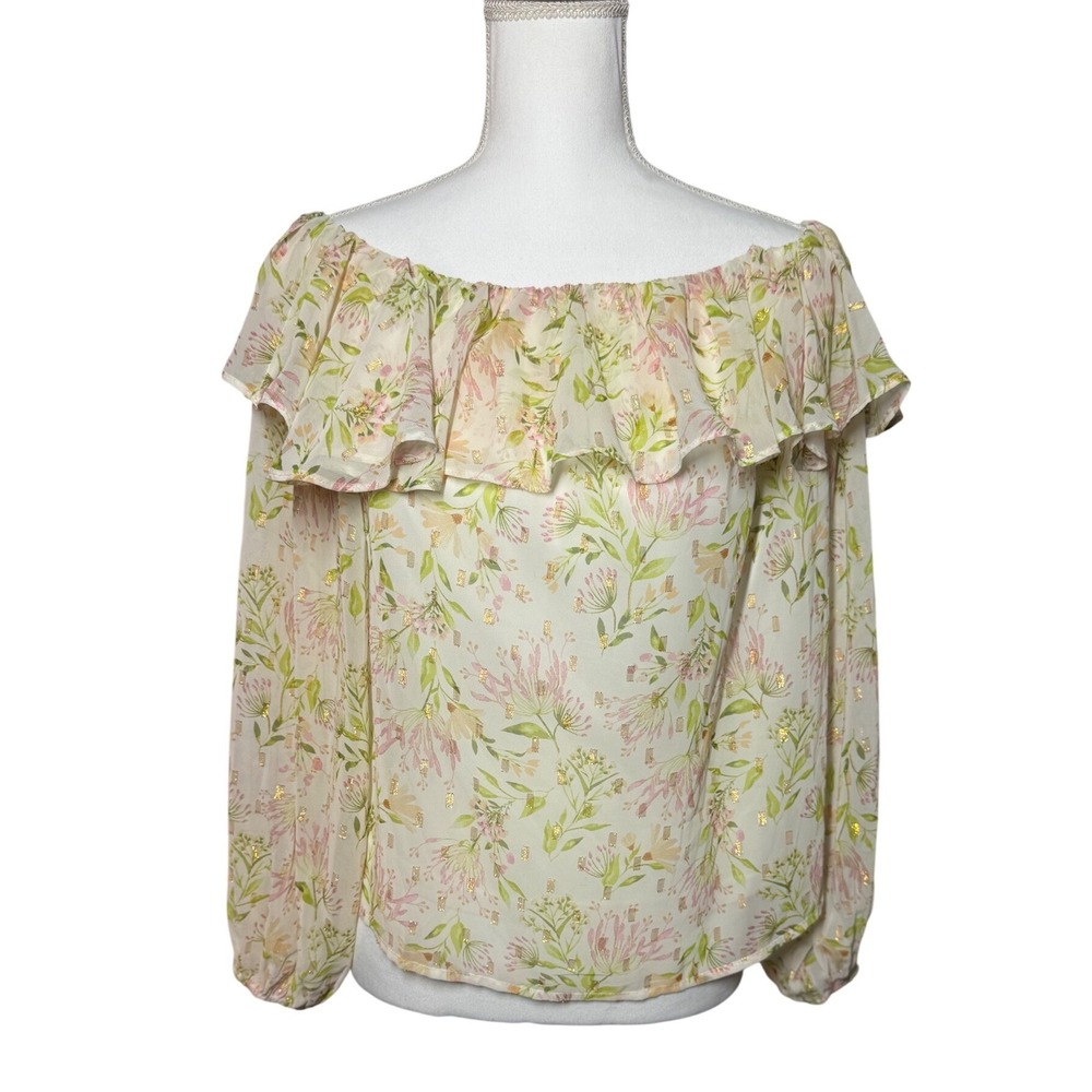 Lovecolette Off Shoulder Floral Ruffle Blouse L‎ Cream Pink Gold Metallic